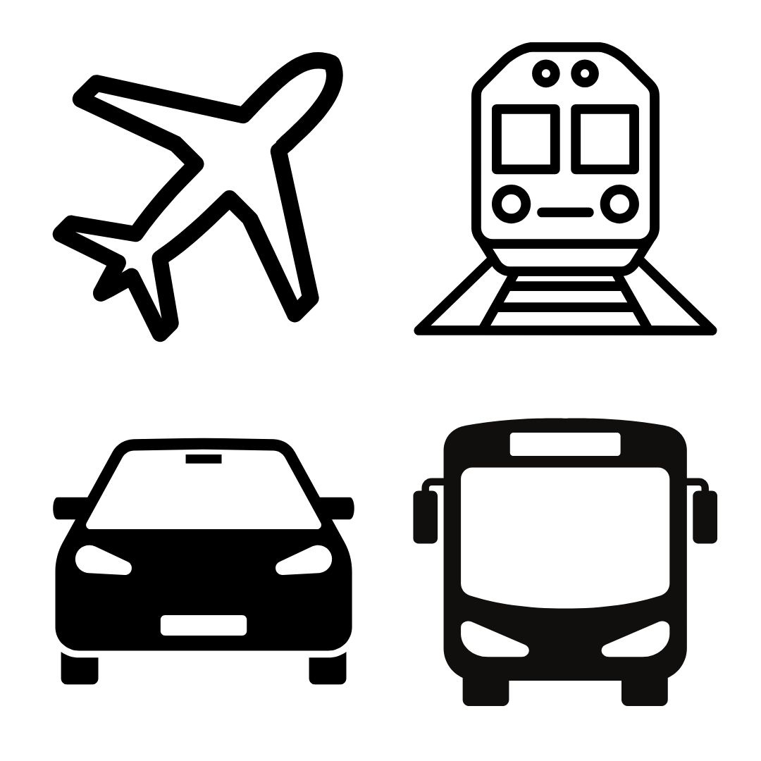 Icons showing airplane, train, car, bus